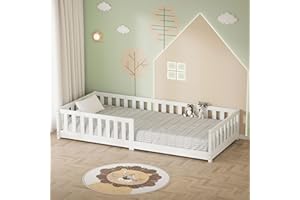 ‎ML DESIGN MODERN LIVING ML-Design Kinderbett 90x200 cm, Weiß, Bodenbett für Kinder mit Lattenrost und Rausfallschutz, Jugendbett aus massivem Kiefernholz, Bettgestell für Jungen und Mädchen, Holzbett Babybett Einzelbett