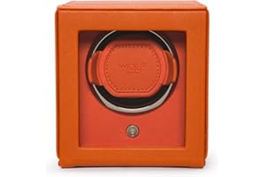 WOLF DESIGNS WOLF Cub 461139 - Automatic Watch Winder for 1 Watch with Glass Cover - Orange Saffiano Finish, Chrome Finished Hardware and Orange Grosgrain Faceplate - Patented Rotation Technology