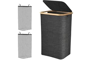 LIIGOU Laundry Baskets With Lid 100L Black Laundry Hamper Laundry Bin Washing Basket Foldable with Removable Bag
