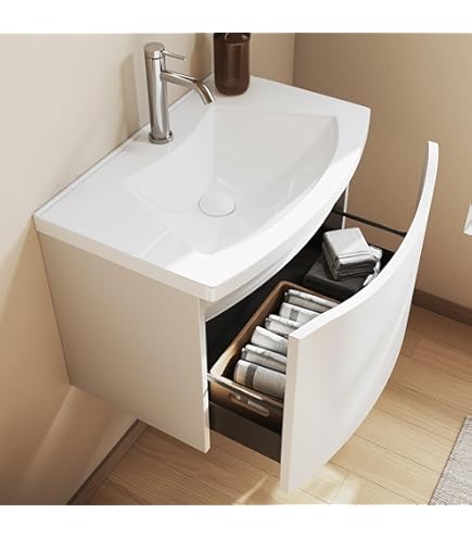 Mobile Bagno Sospeso Kiamami Valentina 60 Cm - Grigio, Con Lavabo Ceramica, Specchio, Salvaspazio - Foto 7