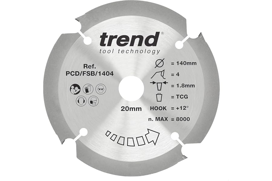 Trend PCD Fibre Cement Circular Saw Blade, 140mm Diameter, 20mm Bore, 4 Teeth, 1.8mm Kerf, +12° Hook, PCD, Coarse Finish, PCD/FSB/1404