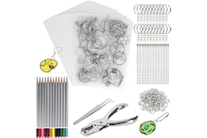 Ajerg Schrumpffolie Set, 169-teilig inkl. DIN A4 Schrumpffolien, Kunstdruckpapier, Locher, Schlüsselanhänger Zubehör und Bleistifte - schrumpffolie set schlüsselanhänger für kreative DIY-Projekte