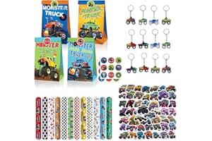 TIVUNORON 86PCS Bomboniere Compleanno Bambini Monster Truck, Bomboniere Festa Monster Truck Con Slap Braccialetto Sacchetti Regalo Portachiavi Adesivi Per Bomboniere Festa Auto Da Corsa