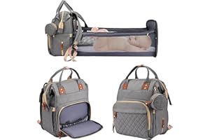 Rikmody Baby Changing Bag Backpack, Multifunctional Diaper Bags with Folding Bed, Large Capacity Nappy Backpacks Insulated Bottle Pockets, Mat, Stroller Straps, USB Port, Gray, 27*18*38cm