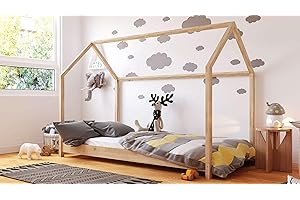 WFL GROUP Letto Montessori design a Casetta 90x200 80x180x160 - Letto a Capanna per Bambini - Per Bambini e Bambine - Legno di Pino naturale, Colore:Pino, Misura:180 x 80 cm