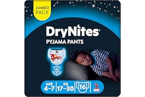 Huggies Drynites 4-7 ans Garçon (17-30 kg) - Sous-Vêtements de Nuit Absorbants pour Enfants qui font Pipi au Lit - x16 Culottes