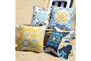Phantoscope Set of 4 Outdoor Waterproof Throw Decorative Pillow Cover Geometric Boho Farmhouse Outdoor Pillows Cushion Case for Patio Furnitures Tent Sunbrella, Blue and Yellow 18x18 Inches