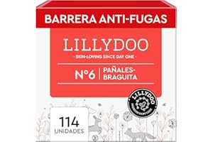 Pañales-braguita LILLYDOO - talla 6 (13+ kg), caja mensual (114 unidades), protección contra fugas, delicados con la piel, suaves, sin perfumes ni lociones, dermatológicamente testados
