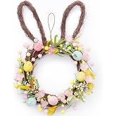 Valery Madelyn 16 Inch Easter Bunny Wreath for Front Door, Colorful Eggs and Rabbit Ear Door Wreaths with LED Lights and Time