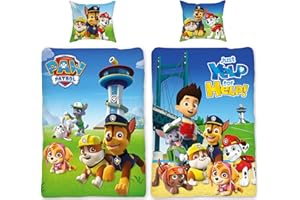 BERONAGE Ropa de cama de la Patrulla Canina Team Azul 135 cm x 200 cm + 80 cm x 80 cm 100% algodón RenforcéLino Calidad Chase Marshall Rocky Zuma Rubble Skye Ryder Ropa de cama reversible tamaño alemán con