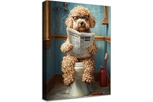 HALFLEMART Bagno Divertente Quadri Moderni Quadro Moderno Barboncino sul Water che Legge il Giornale Stampa su Tela Con Cornice Pittura Quadri su tela Decorazioni da Parete Soggiorno Camera da Letto 30x40cm