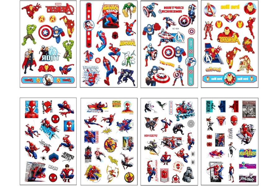 8 Sheet Spider Tattoos for Kids, Super Hero Avengers Temporary Stickers for Boys, Fake Spider Stickers for Children's Stick-on SuperHero Theme Birthday Party Bag Filler