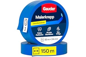 GAUDER Malerkrepp für präzise Farbkanten - Profi-Kreppband für Malerarbeiten - Malerband & Abdeckband blau - Abklebeband aus Washi-Papier (3 Rollen - 24 mm x 50 m)