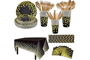 CEILIWEN Black and Gold Party Tableware, 201PCS Black and Gold Party Supplies Set, Paper Tableware Set, Party Dinnerware Set Includes Black Paper Plates, Cup, Straw, Tablecloth, Napkin, Cutlery
