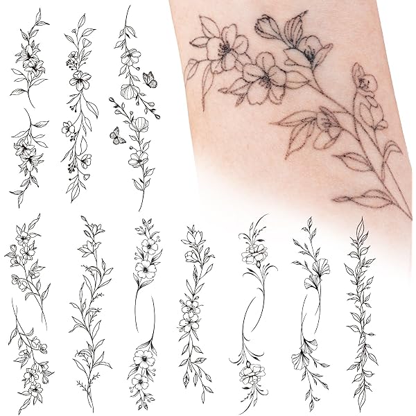 CHARLENT Temporäre Tattoos Für Frauen – 49 Stück, Realistische Linien- & Blumen-Motive, Wasserfest & Langlebig, Einfach Anzubringen