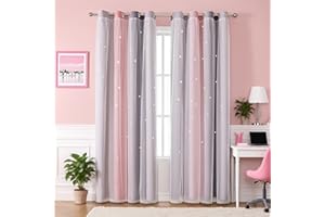 ‎FREYAMY Freyamy Gardinen Rosa Grau Glänzend Sterne Vorhänge Blickdicht Kinderzimmer Halbtransparent H 160 X B 132cm Ösenvorhang 2er Set Mädchen Kindervorhänge Gardinen Verdunkelungsvorhang Wohnzimmer