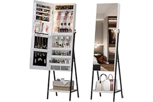 LVSOMT LED Beleuchtung Schmuckschrank stehend Standspiegel Schmuckschrank Ganzkörperspiegel Spiegelschrank zahlreichen Fächern und zwei Schublade abschließbarer und Metallgestell weiß