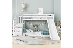 BTM Children's Bed Frame 3FT, Bunk Bed for Kids with Ladder (Kids Bunk Bed Frame with Slide & Steps)