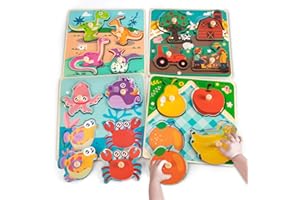 Funsland Large Wooden Puzzles for 1 Year Old, 4Pcs Baby Wooden Peg Puzzles Gift Toys, Wooden Animal Puzzle ​with Handle, Infant Fine Motor Skill Educational Montessori Puzzles for 1 2 3 Years Old,22cm