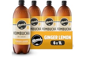 Remedy Kombucha Tea - Ginger Lemon - Sparkling Live Cultured, Naturally Sugar Free Soft Drink - Probiotic for Gut Health - 6 x 1L Case (Bottles)