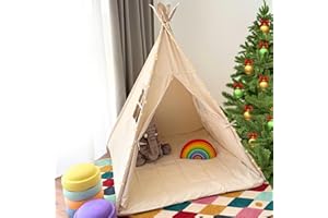 ALRITHO® Tipi Zelt für Kinder aus Baumwolle, Seide & Holz inkl. Kuschelmatte, Tragetasche & Stabilisator | drinnen & draußen | Für viel Spaß im Kinderzimmer für Jungen & Mädchen (Sandburgen Beige)