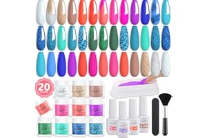 Aikker Nail Dip Powder Nail Kit 20 Party Colours Glitter Blue Green Mermaid Style Neon Purple Dipping Powder System Top & Base Essential Liquid Set & Recycle Tray Starter Kit Nail Art Manicure AK39