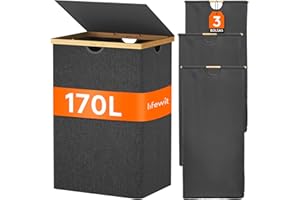 Lifewit 170L Grande Cesto Ropa Sucia con Tapa de Bambú, Cesta Ropa Sucia con Asas, Cubo Ropa Sucia Plegable con 3 Secciones y Bolsa Lavable Extraíble, Laundry Basket para Baño, Lavadero, Gris Oscuro