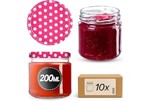 KADAX Barattoli Ermetici di Vetro da 200 ml, Vassetti Piccoli con Coperchio a Vite per Conserve di Frutta, Marmellate e Miele (Set di 10, Pois Rosa)