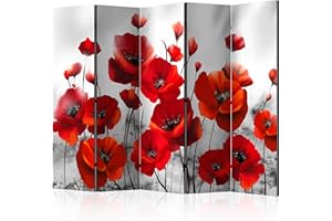 ‎DECOMONKEY decomonkey Paravent Raumteiler Innen Mohnblumen 225x172 cm 5 Teilig Einseitig Room Divider Wall Raumteiler Stehend Trennwand Sichtschutz Spanische Wand Sichtschutzwand Wohnzimmer Holz Blumen