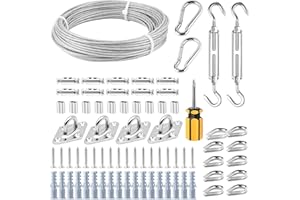FSHIHINE Kit di Fissaggio per Vela Parasole in Acciaio Inox, Kit di Installazione per Tende da Sole con Cavo Acciaio 20 m,Tenditore M5, Occhielli, Clip per Fune, per Triangolo da Giardino e Rettangolo
