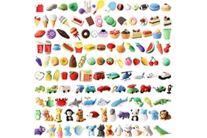 WUWEOT 125 Pack Animal Erasers, Desk Pets Pencil Eraser, 3D Puzzle Food Fruit Pencil Erasers Bulk, Take Apart Eraser Party Favors Classroom School Rewards Prizes