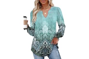 CHICZONE Womens Tunic Tops Puff Long Sleeve T-Shirt Pleated V Neck Blouse Shirts S-XXL