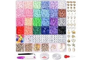 6000 Pièces Perles Plates pour Bracelet, Gbivbe 24 Couleurs 6 mm Argile Polymère Perles Plates pour Bijoux, Perles Heishi DIY Clay Beads Kit avec Lettres Pendentifs Collier pour Enfant Adulte