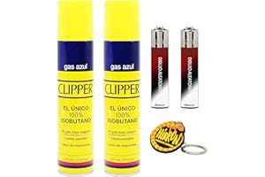 HIBRON 2 Mecheros Clipper + 2 Botellas Gas Azul 300 ml + 1 Llavero Camaleon, Gas Sirve para Recargar Soplete de Cocina.