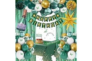 WEQTWL Green Birthday Decorations, Dark Emerald Green Party Decorations Kit with Happy Birthday Banner Tablecloth Curtain Sash Tiara Gold Star Champagne Foil Balloons for Women Girls Men Boys Party Decor