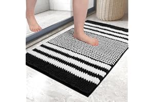 Biscpro Bath Mat Rug Extra Soft and Absorbent Fluffy Striped Chenille,Non Slip Shaggy Bathroom Floor Mat,Machine Washable (Black, 40 x 60 cm)