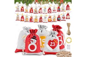 PLSMUPN Calendrier de l'Avent à Remplir 2025, 24pcs Pochette Calend-rier de l'Avent, Calendrier de l'avent Tissu avec LED Lumières, Calendrier de l'Avent Vide pour DIY Cadeau Noel Décoration