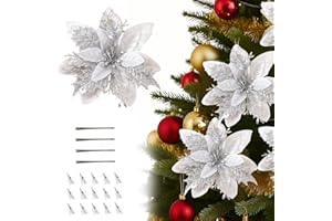 AONAT 12 Piezas Flores de Navidad Artificiales con Clip, Poinsettia Artificial para Árbol de Navidad con Purpurina, Flores Artificiales de Navidads para Boda, árbol de Navidads,Adornos de Año Nuevo (Plata)