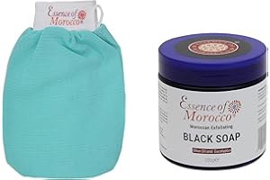 ESSENCE OF MOROCCO Moroccan Exfoliating Kessa Glove Blue Scrubbing Mitt with Natural Eucalyptus and Olive Oil Black Soap Scrub Savon Noir 200g / 7 OZ Helps Cleanse Skin Remove Fake Tan and Ingrown Hair Hammam Spa Pack