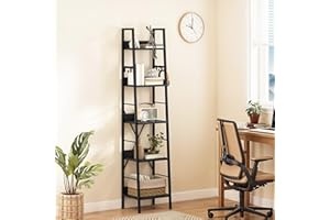 DWVO Narrow Tall Bookcase 5 Tiers, Industrial Ladder Shelf Bookshelf Wooden Shelves and Metal Slim Thin Book Rack Modern Shelving Unit for Living Room, Hallway, Office, Black