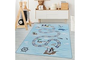 CARPETSALE24 Tappeti per bambini, colore blu, disegno pirata, 105287, tappeto rettangolare, Tappeti camera dei bambini, 140 x 200 cm