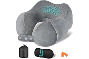 Jiancrate Aeroplane Neck Pillow, Adult Travel Pillow, Memory Foam, Adjustable Travel Pillow, Slim Back, Travel Neck Pillow with Sleeping Mask, Earplugs, Grey