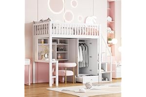 YESGIGA Łóżko piętrowe 90 x 200 cm, z dużą szafą na ubrania, regałem i stołem, miejsce do przechowywania schodów, wielofunkcyjne łóżko drewniane (białe)