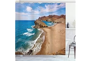 ABAKUHAUS, Krajobraz, Zasłona prysznicowa, Widok na ocean spokojny plaża Cabo de Gata Hiszpania Coastal zdjęcie Scenic Lato Scenery, niebieski Brązowy, 175cm x 220cm