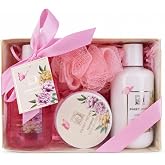 Accentra SWEET PEONY bath set gift box pink white gold | Feminine body care chest with gel, lotion, butter and puff included,