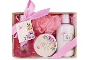 Accentra SWEET PEONY badset i presentask rosa vit guldton | För kroppsvård hemma: duschgel, bodylotion, kroppssmör och duschp