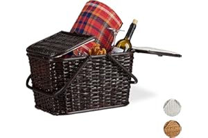 Relaxdays Picknickkorb mit Deckel, geflochten, Stoffbezug, Henkel, großer Tragekorb, handgefertigt, Rattan, Schokobraun