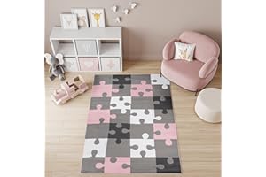 ‎TAPISO TAPISO Pinky Teppich Kurzflor Rosa Grau Weiß Modern Puzzle Design Kinderzimmer Jugendzimmer Wohnzimmer Schlafzimmer Spielteppich ÖKOTEX 160 x 220 cm