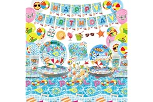 Obussgar Pool Geburtstag Party Dekorationen - Pool Party Zubehör einschließlich Banner, Tortenaufleger, Luftballons, Teller, Tassen, Servietten, Tischdecke für Pool Geburtstagsparty - für 20 Gäste (B)