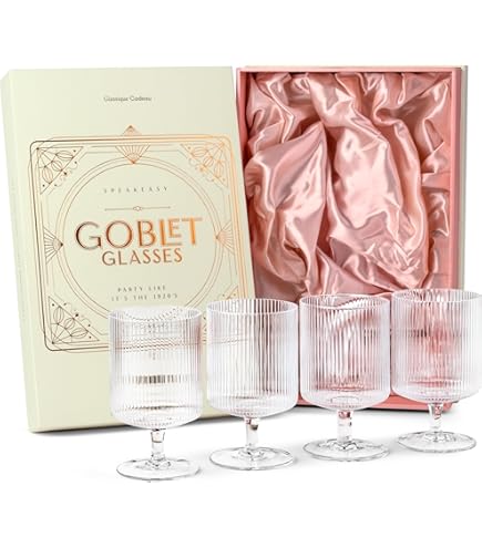 GLASSIQUE CADEAU Speakeasy Vintage Art Deco glazen met korte gin, set van 4, 260 ml, kristallen Lowball voor het drinken van klassieke rum en wodka-bar, glazen met ronde stenen